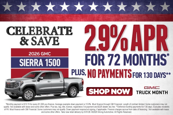2026 GMC Sierra 1500	"2.9% APR FOR 72/MO* PLUS, no payments