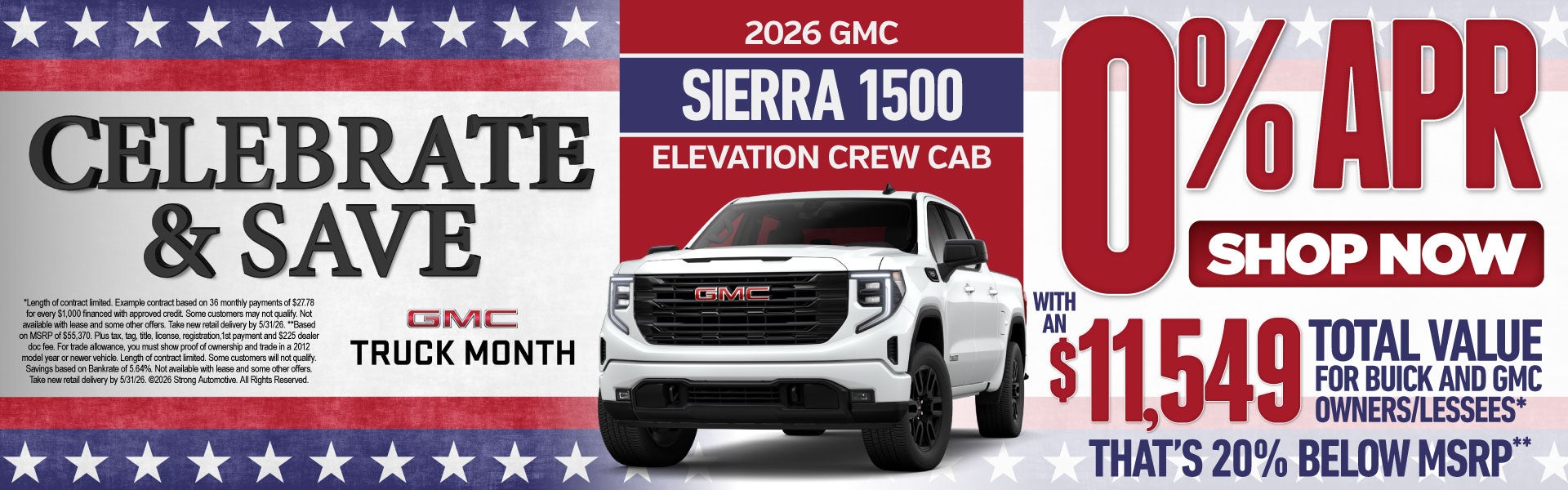 2026 GMC Sierra 1500 ELEVATION CREW CAB	"0% APR with a $11,5
