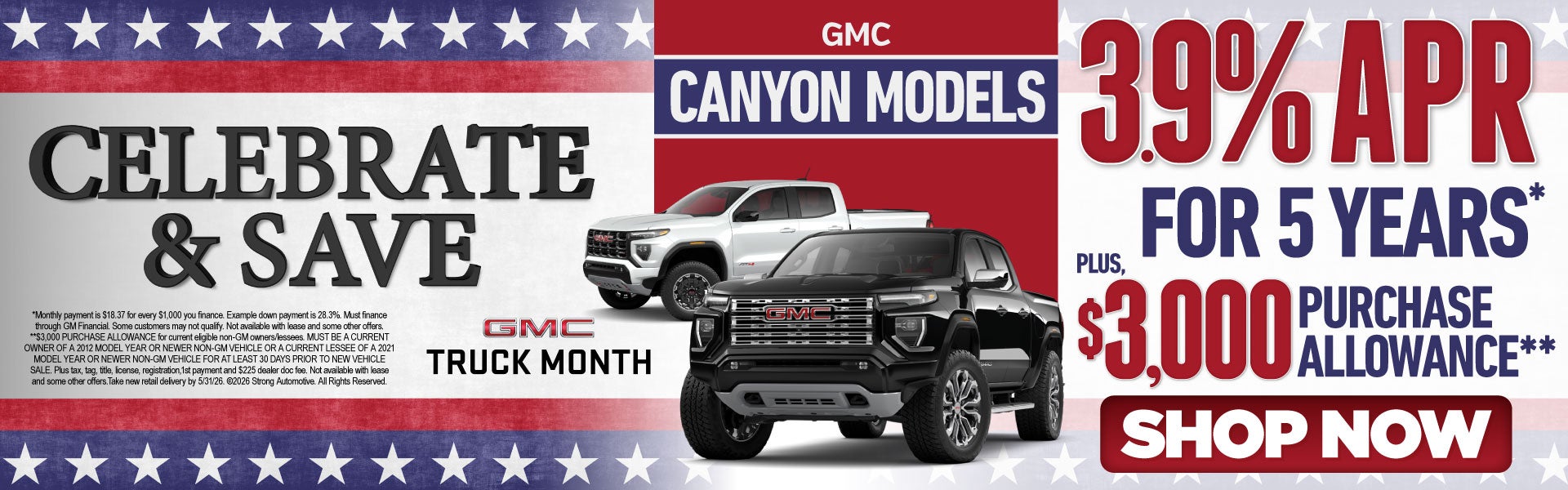 GMC CANYON MODELS	"3.9% APR FOR 5 YEARS* Plus, $3,000 Purcha