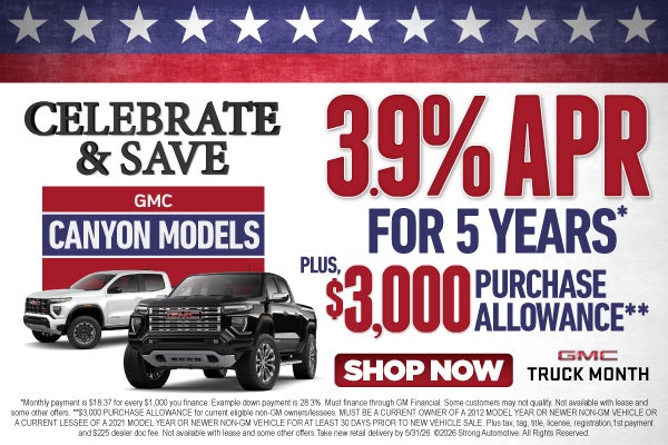 GMC CANYON MODELS	"3.9% APR FOR 5 YEARS* Plus, $3,000 Purcha